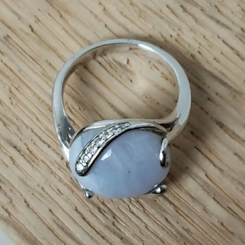 Blue Lace Agate Cabochon Ring CZ Accent 925 Silver Size 6